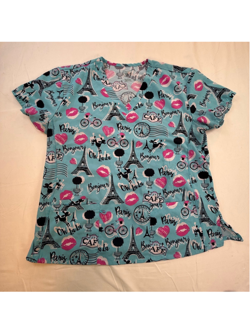 Divine Touch Paris Eiffel Tower Scrub Top XS Blue Pink Bonjour Medical Uniform